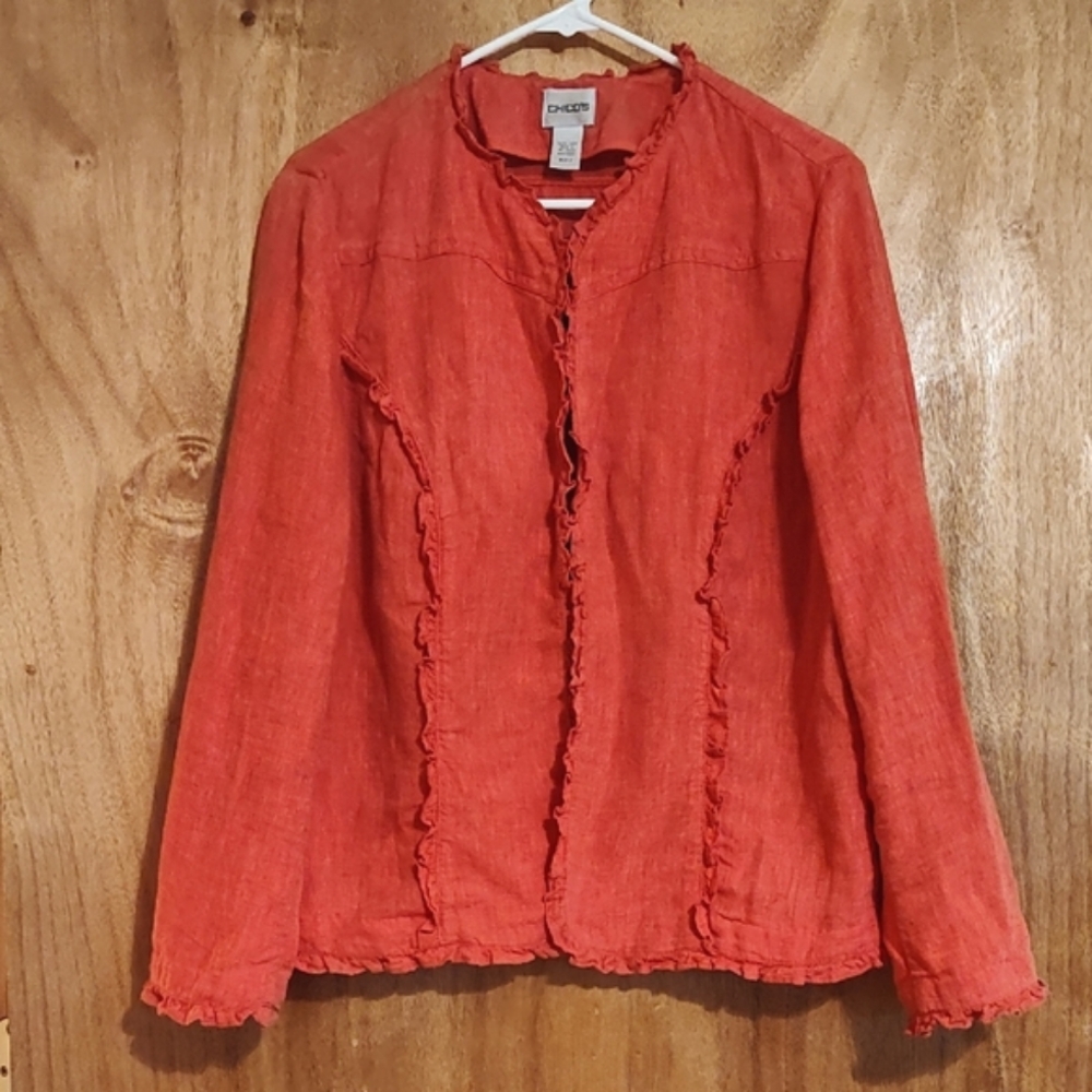 Gorgeous Chico's Ruffle Trim Blazer Coral 100% Linen Collarless Coastal L/12